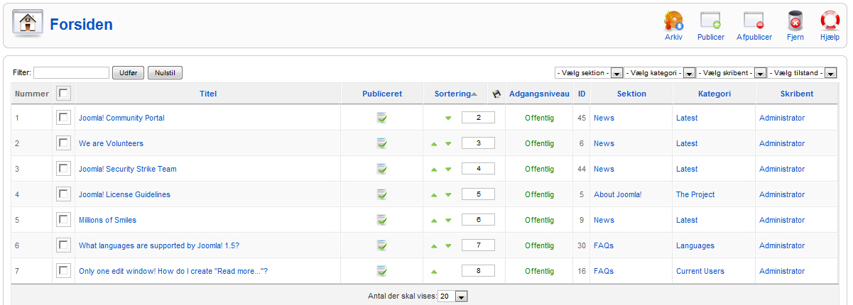 Joomla! - Forside, Artikel oversigt