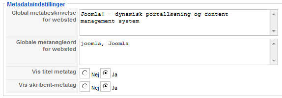 Joomla! - Forside Metadataindstillinger
