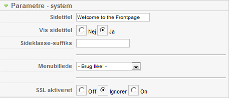 Joomla! - Forside, Parametre - System