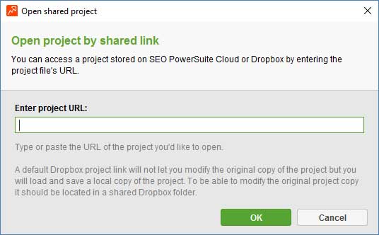 SEO PowerSuite Cloud - åbn projekt med delt link