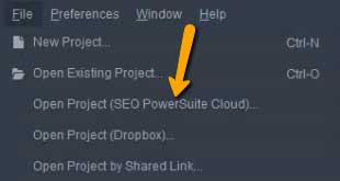 SEO PowerSuite Cloud - åbn projekt fra Cloud