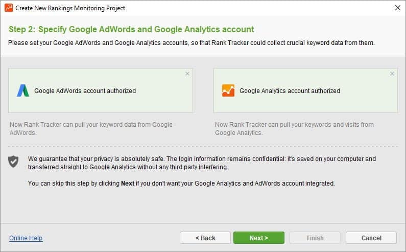 Rank Tracker - forbind Google Ads og Analytics