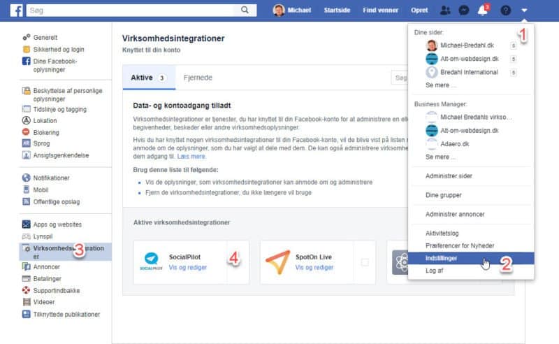 Fjern tilknytning mellem Facebook og SocialPilot